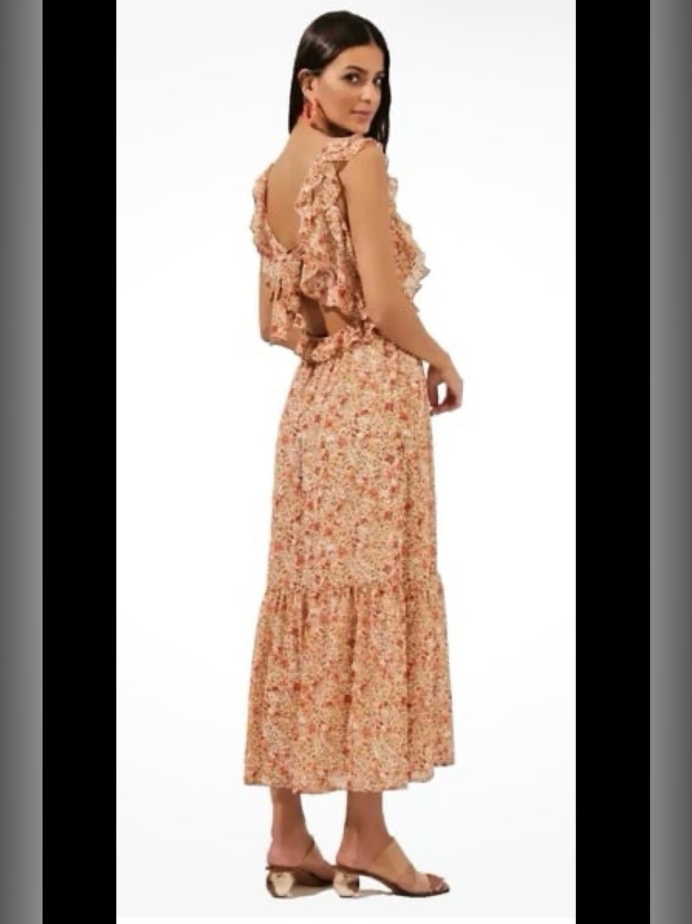 Dex Orange Floral Ruffled Smocked Tie Back Tiered Party Midi Dress. ® LARGE